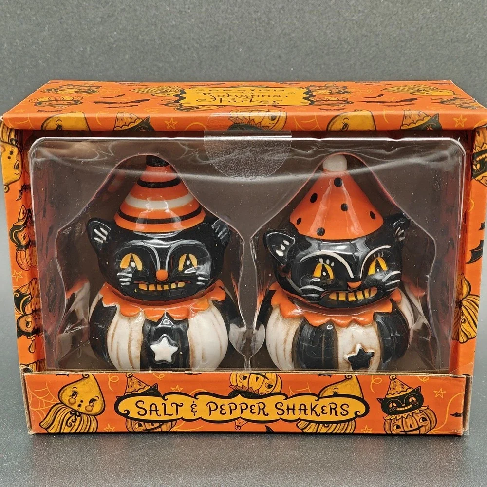 Johanna Parker Halloween Salt & Pepper Shakers Black Cat Clown Pumpkin Set NEW
